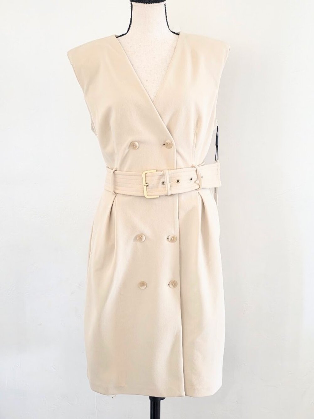 Calvin Klein Cream Sleeveless Double-Breasted Belted Dress